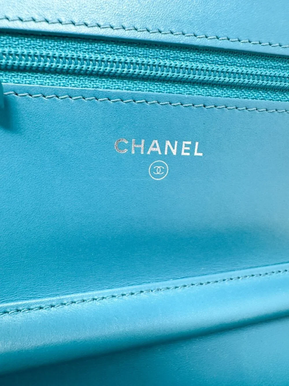 Chanel Turquoise Quilted Patent Leather Wallet on Chain